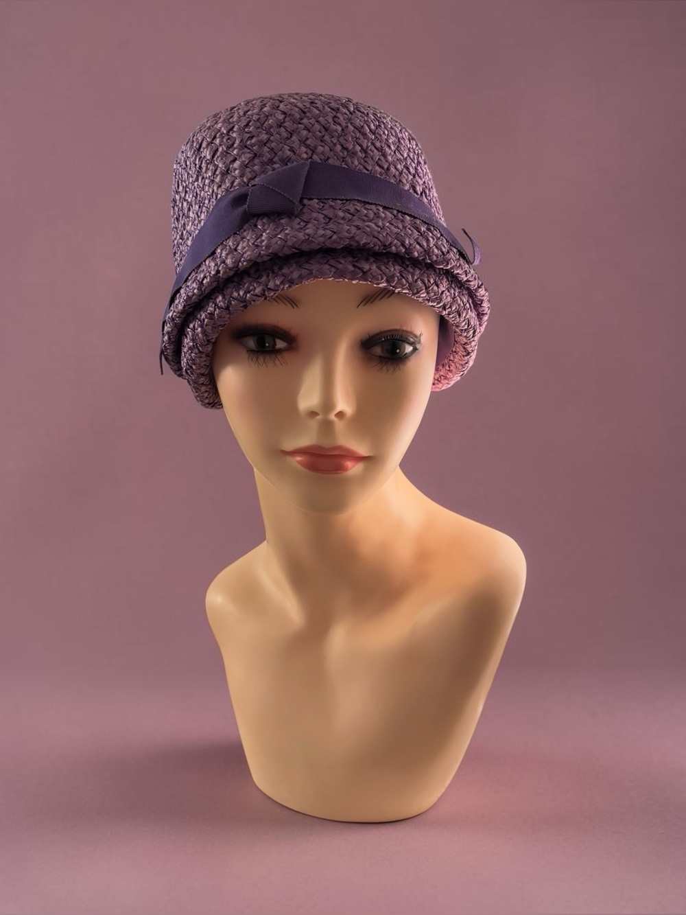 Vintage style cloche hat purple woven texture & a matching grosgrain ribbon bow